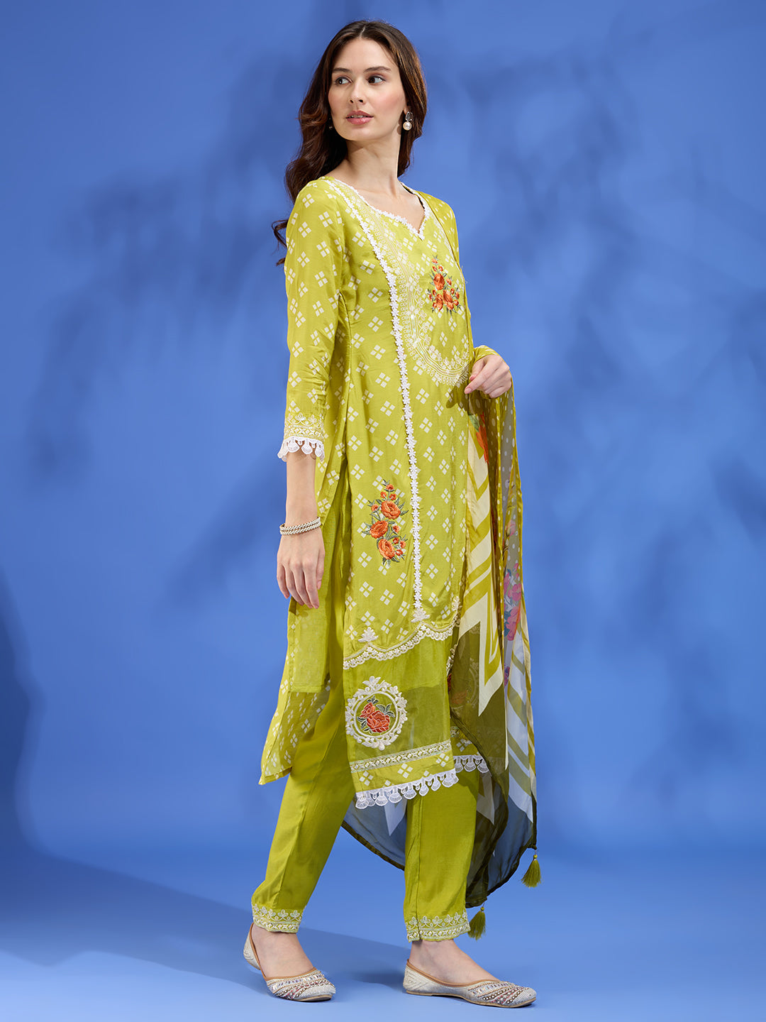 Floral Printed Straight Fit Kurta with Palazzo and Dupatta - Lime Green