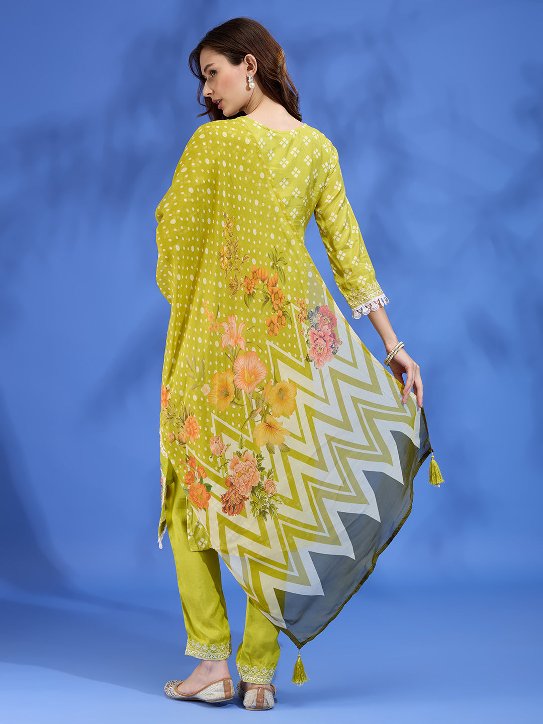 Floral Printed Straight Fit Kurta with Palazzo and Dupatta - Lime Green