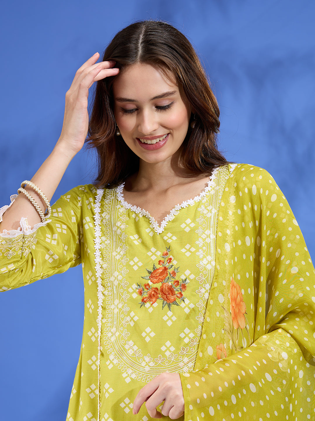 Floral Printed Straight Fit Kurta with Palazzo and Dupatta - Lime Green