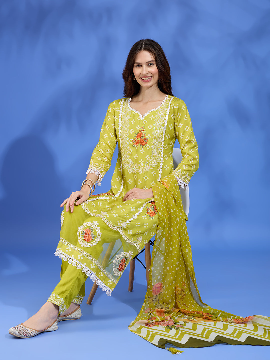 Floral Printed Straight Fit Kurta with Palazzo and Dupatta - Lime Green