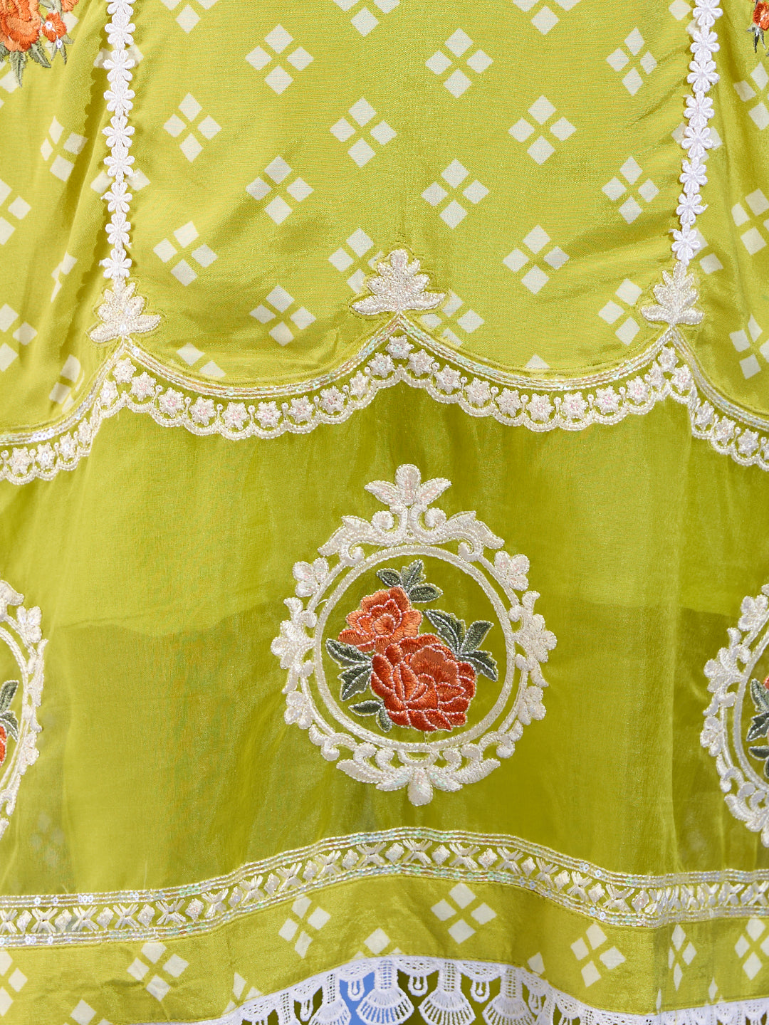 Floral Printed Straight Fit Kurta with Palazzo and Dupatta - Lime Green
