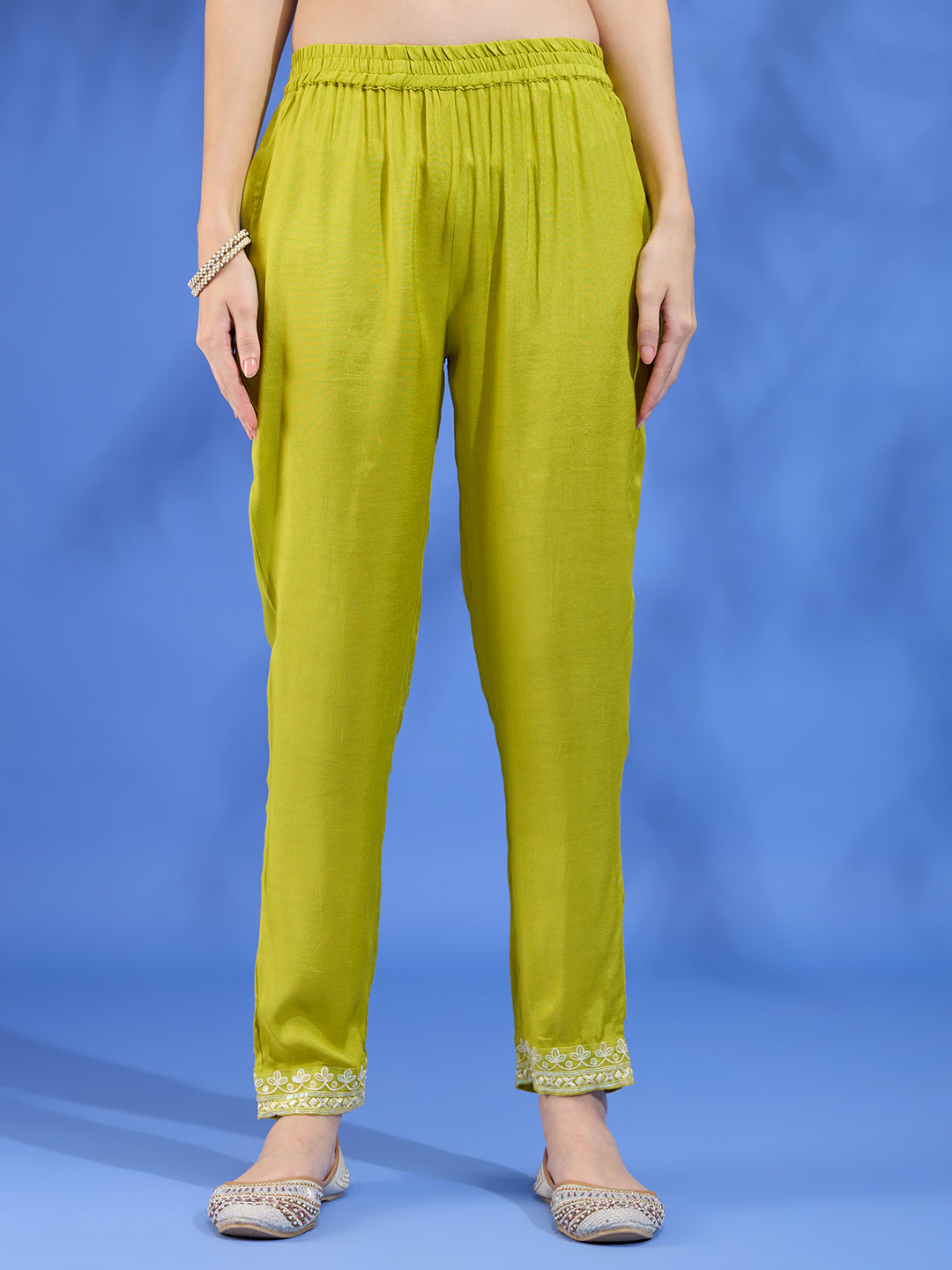 Floral Printed Straight Fit Kurta with Palazzo and Dupatta - Lime Green