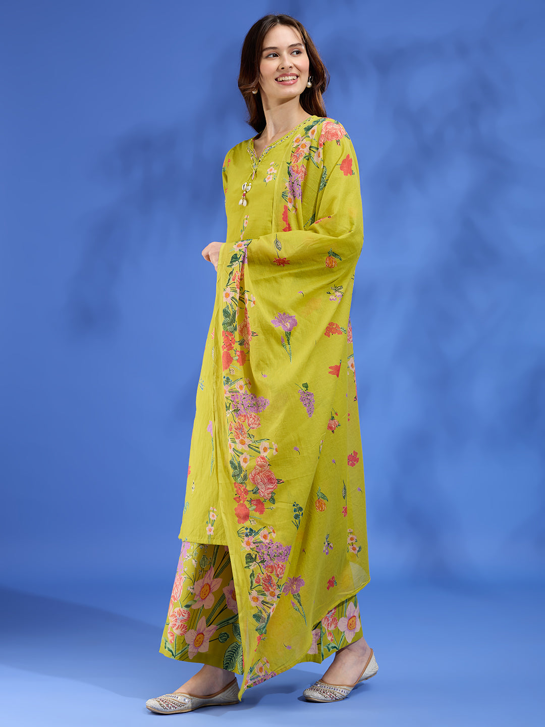 Floral Printed Straight Fit Kurta with Palazzo and Dupatta - Lime Green
