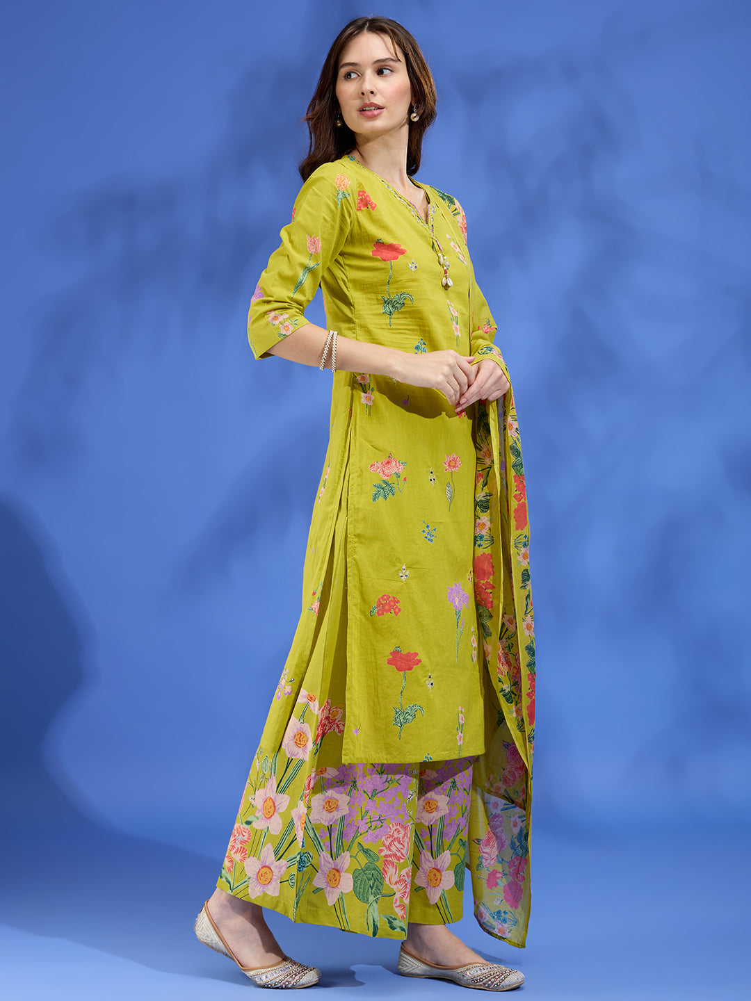Floral Printed Straight Fit Kurta with Palazzo and Dupatta - Lime Green