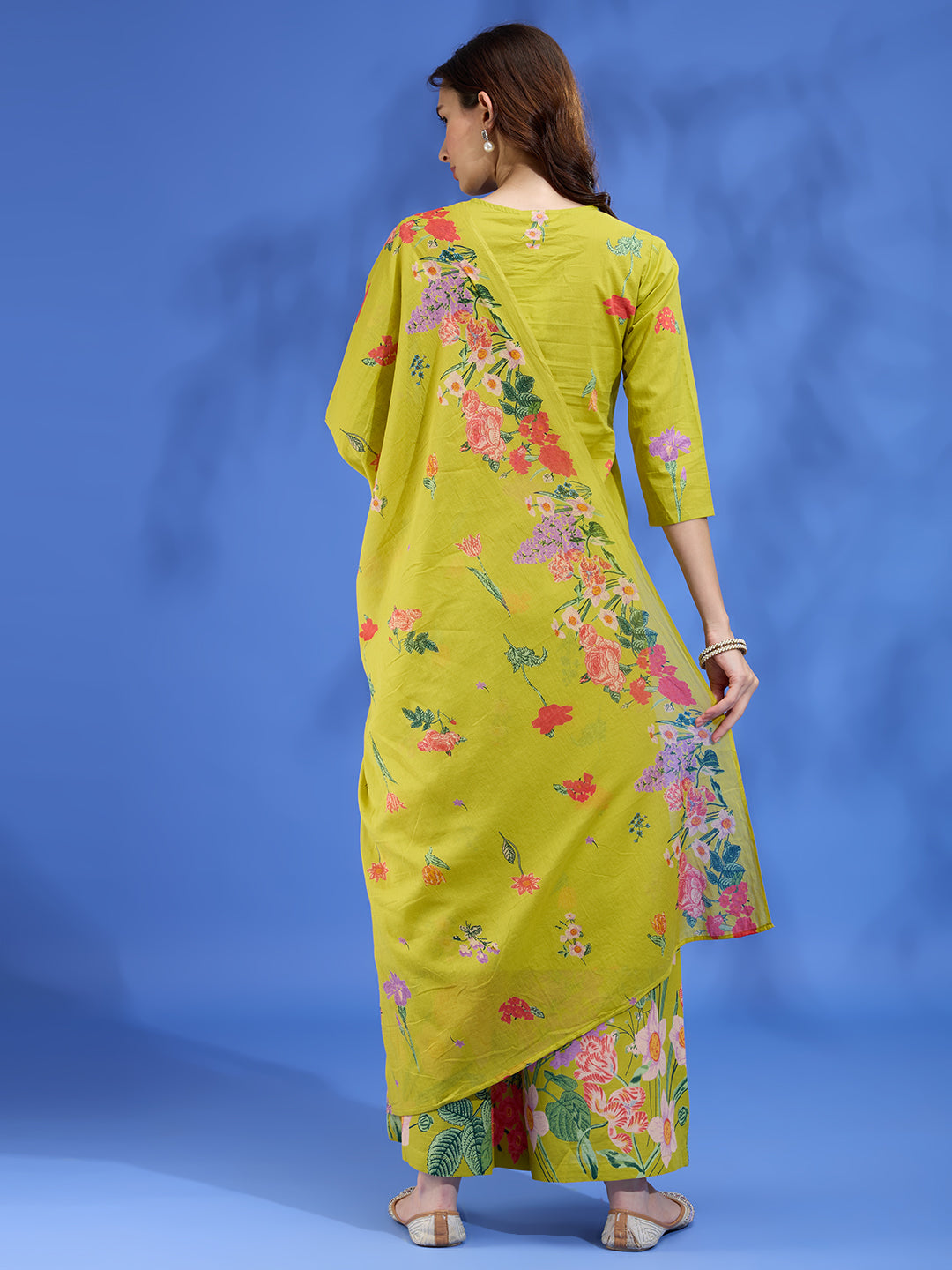 Floral Printed Straight Fit Kurta with Palazzo and Dupatta - Lime Green