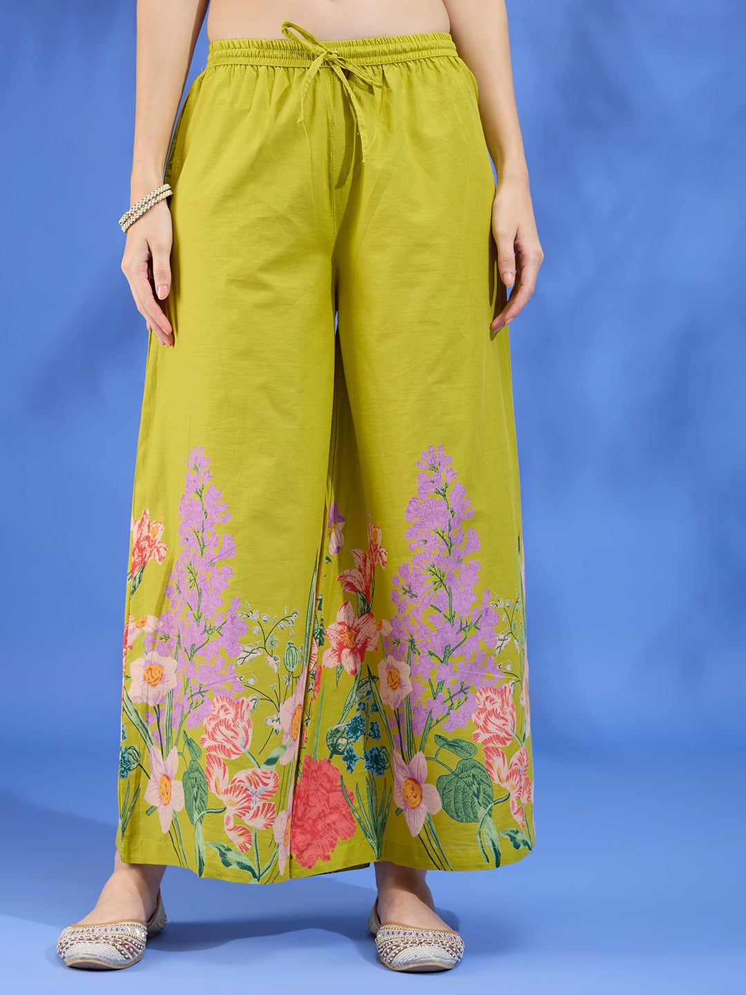 Floral Printed Straight Fit Kurta with Palazzo and Dupatta - Lime Green