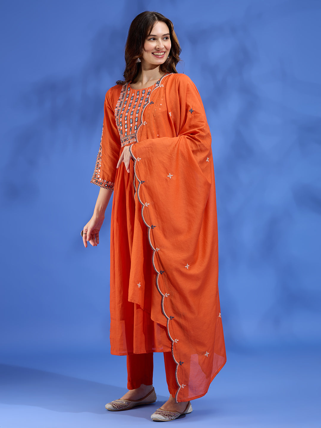 Festive Mirror Embroidered A-Line Pleated with Pant & Scalloped Dupatta - Orange