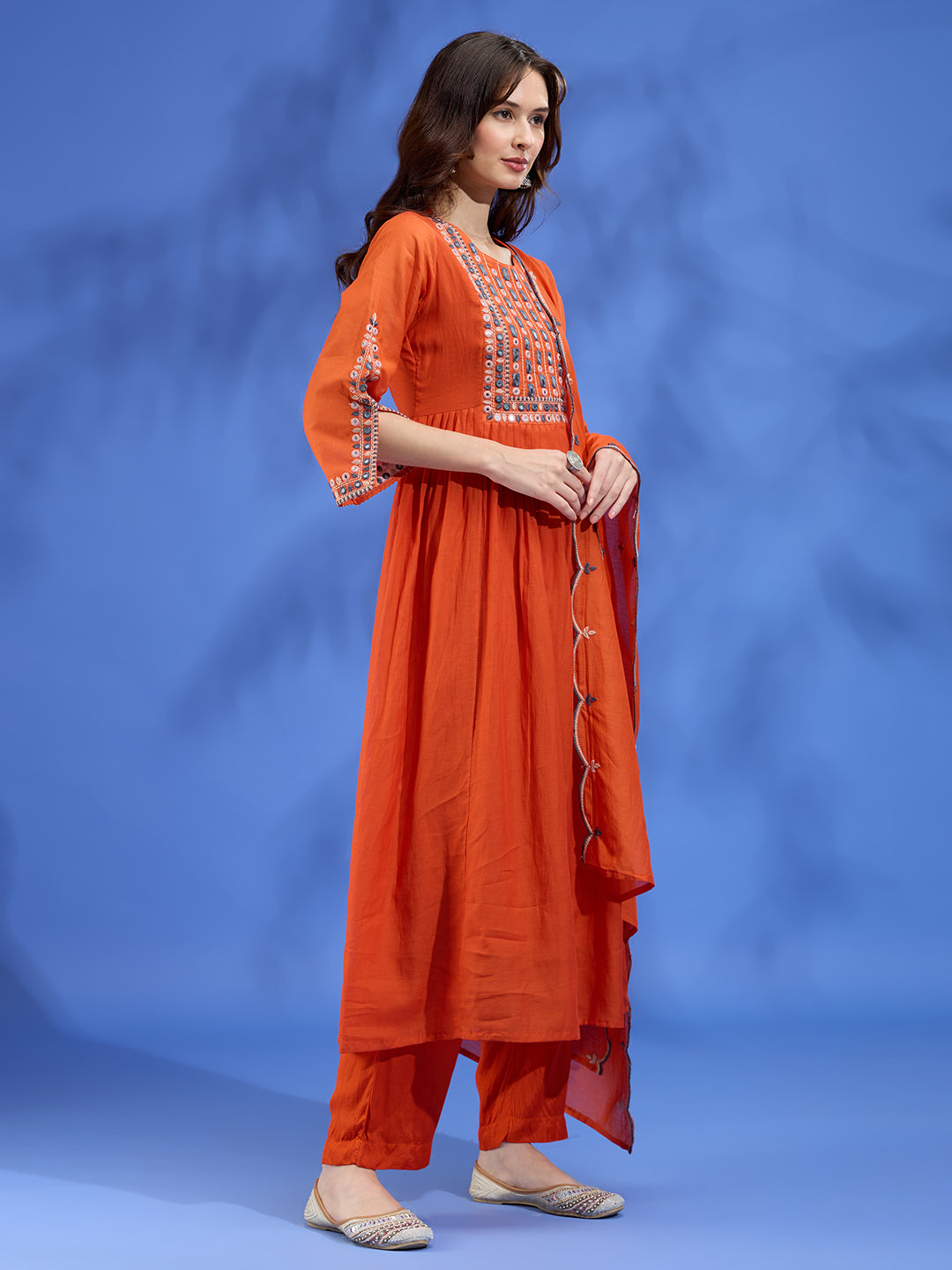 Festive Mirror Embroidered A-Line Pleated with Pant & Scalloped Dupatta - Orange
