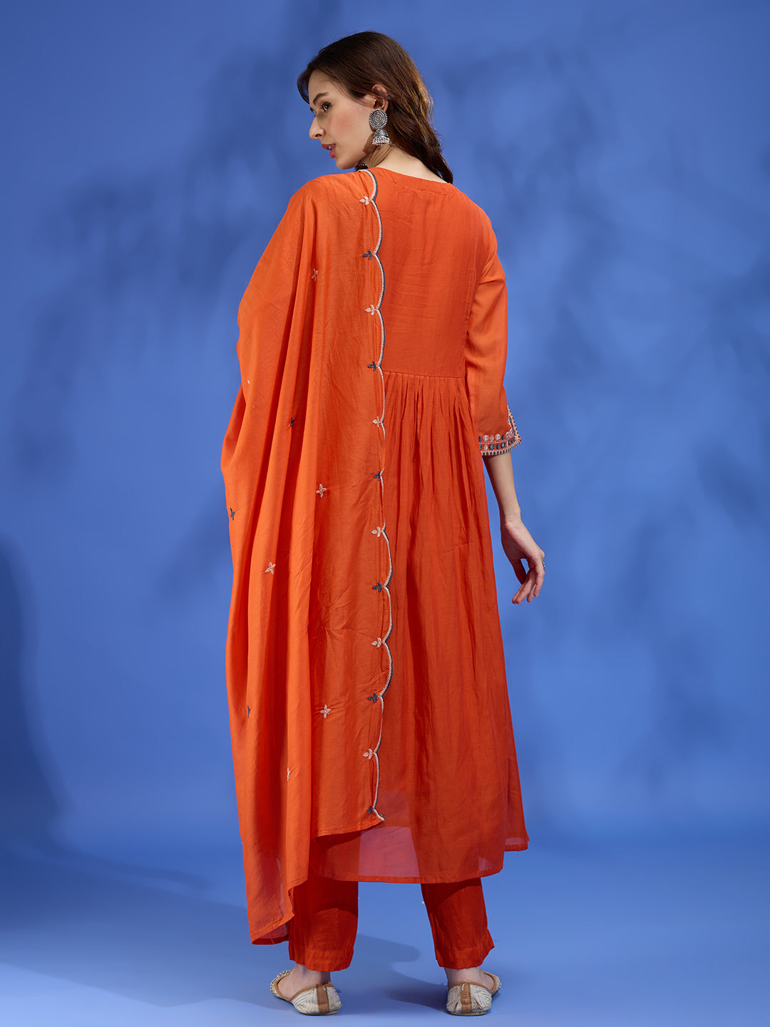 Festive Mirror Embroidered A-Line Pleated with Pant & Scalloped Dupatta - Orange