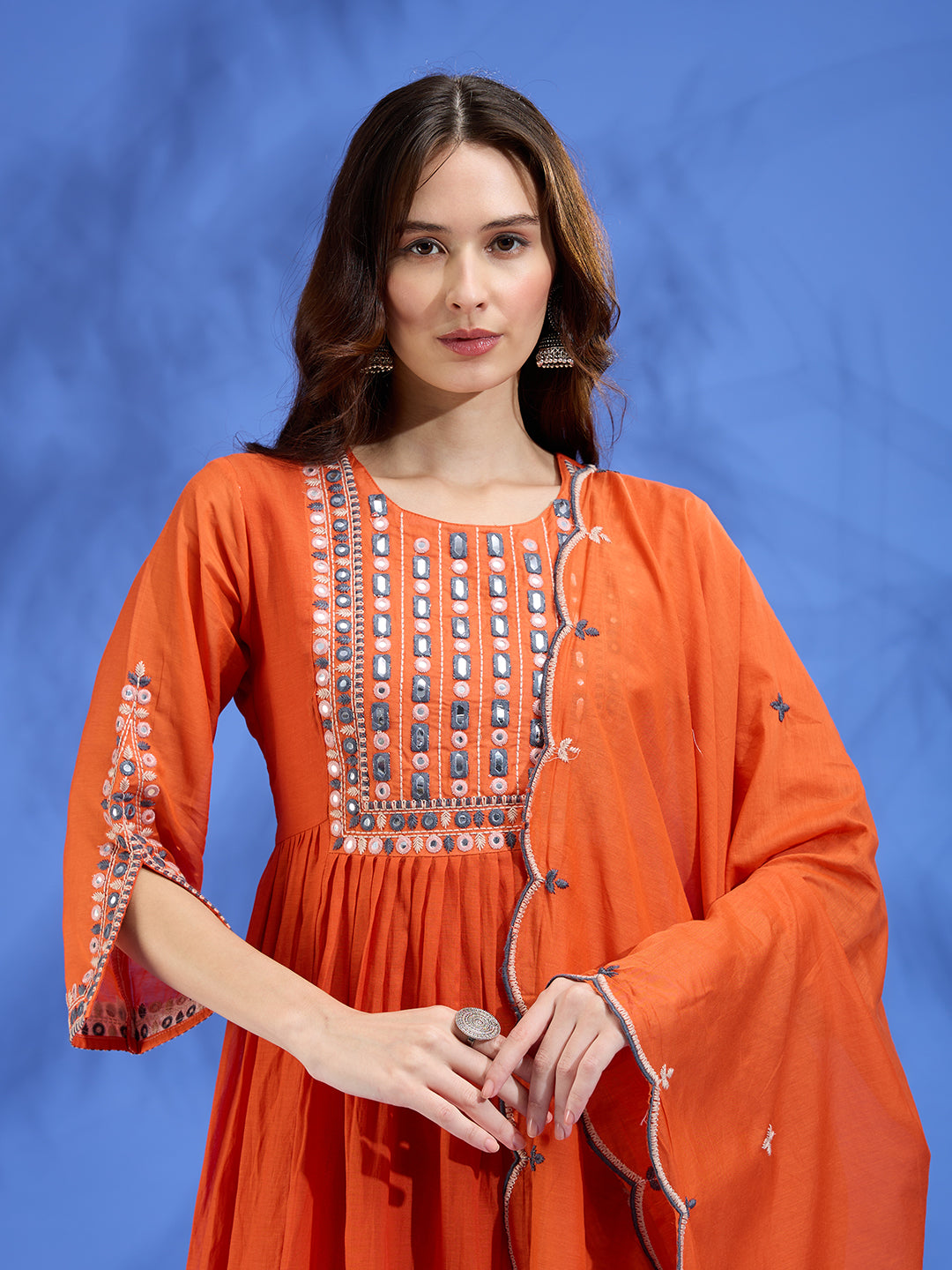 Festive Mirror Embroidered A-Line Pleated with Pant & Scalloped Dupatta - Orange