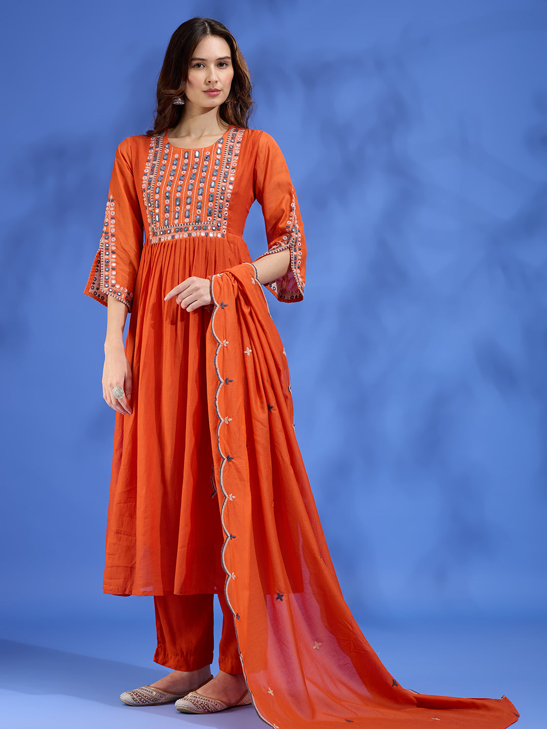 Festive Mirror Embroidered A-Line Pleated with Pant & Scalloped Dupatta - Orange