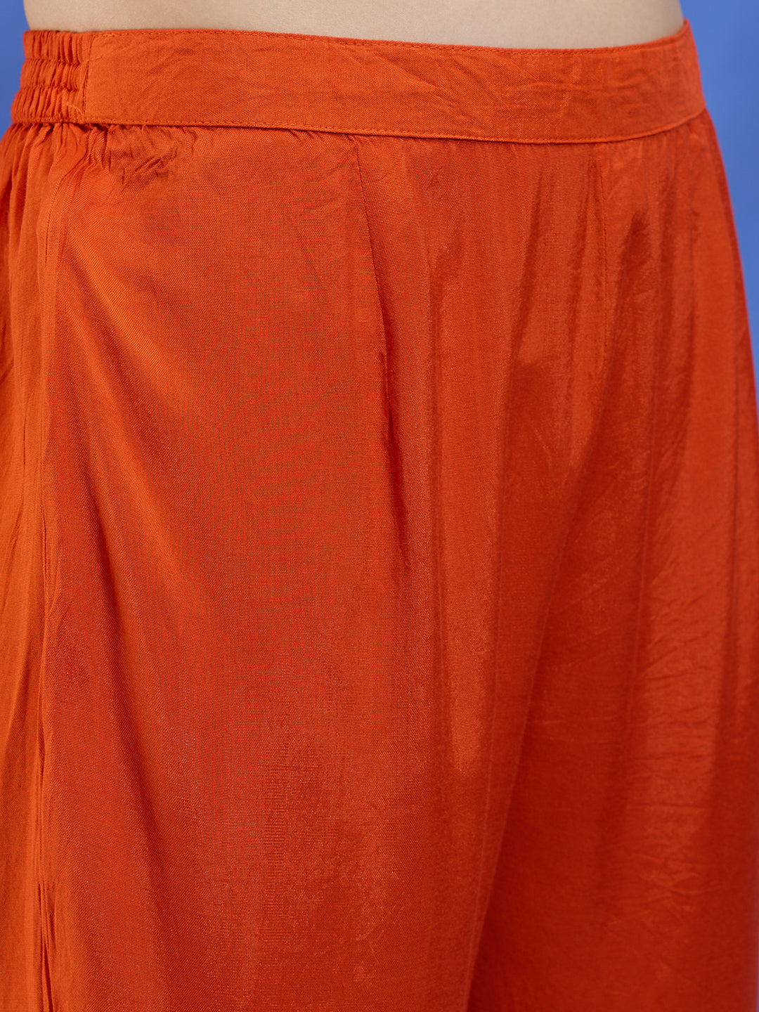 Festive Mirror Embroidered A-Line Pleated with Pant & Scalloped Dupatta - Orange