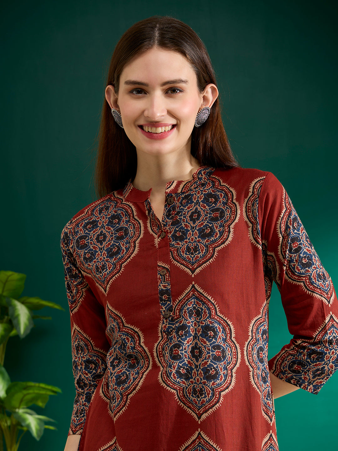 Floral Printed Straight Fit Kurta - Red