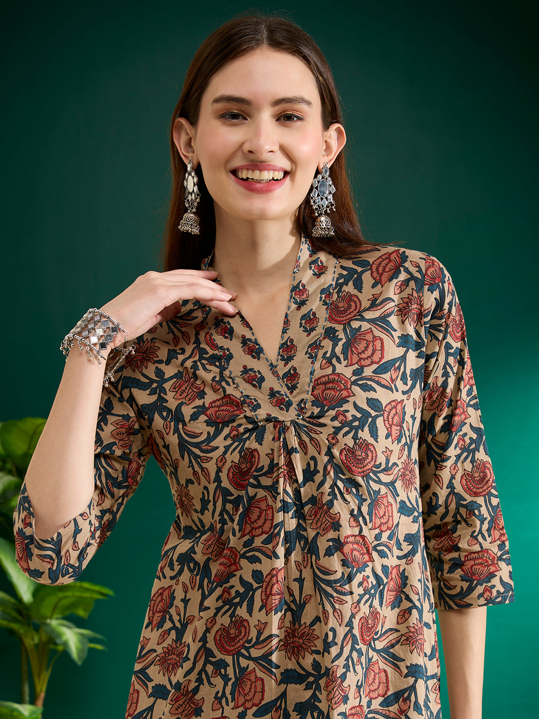 Ethnic Floral Printed A-Line Pleated Co-ord Set - Beige