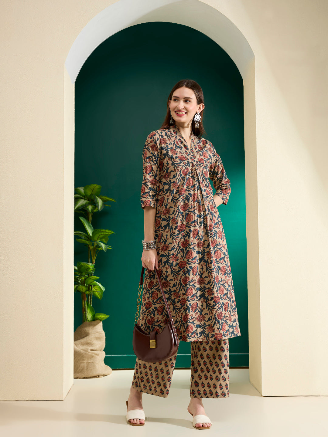 Ethnic Floral Printed A-Line Pleated Co-ord Set - Beige