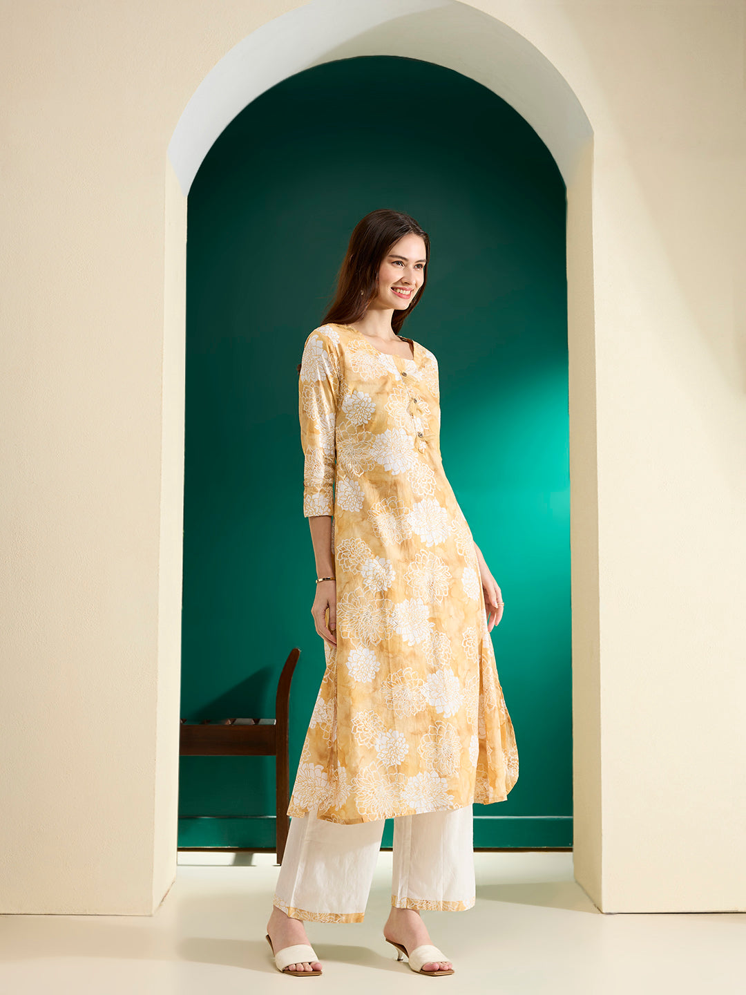 Abstract Floral Foil Printed A-Line Kurta with Palazzo - Mustard