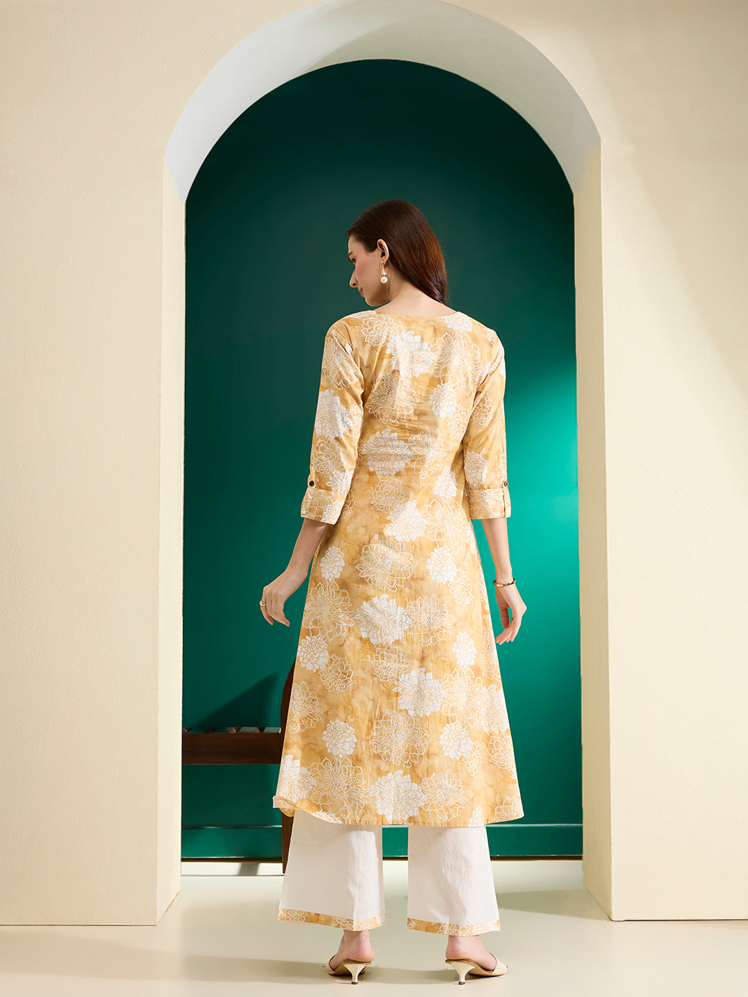 Abstract Floral Foil Printed A-Line Kurta with Palazzo - Mustard