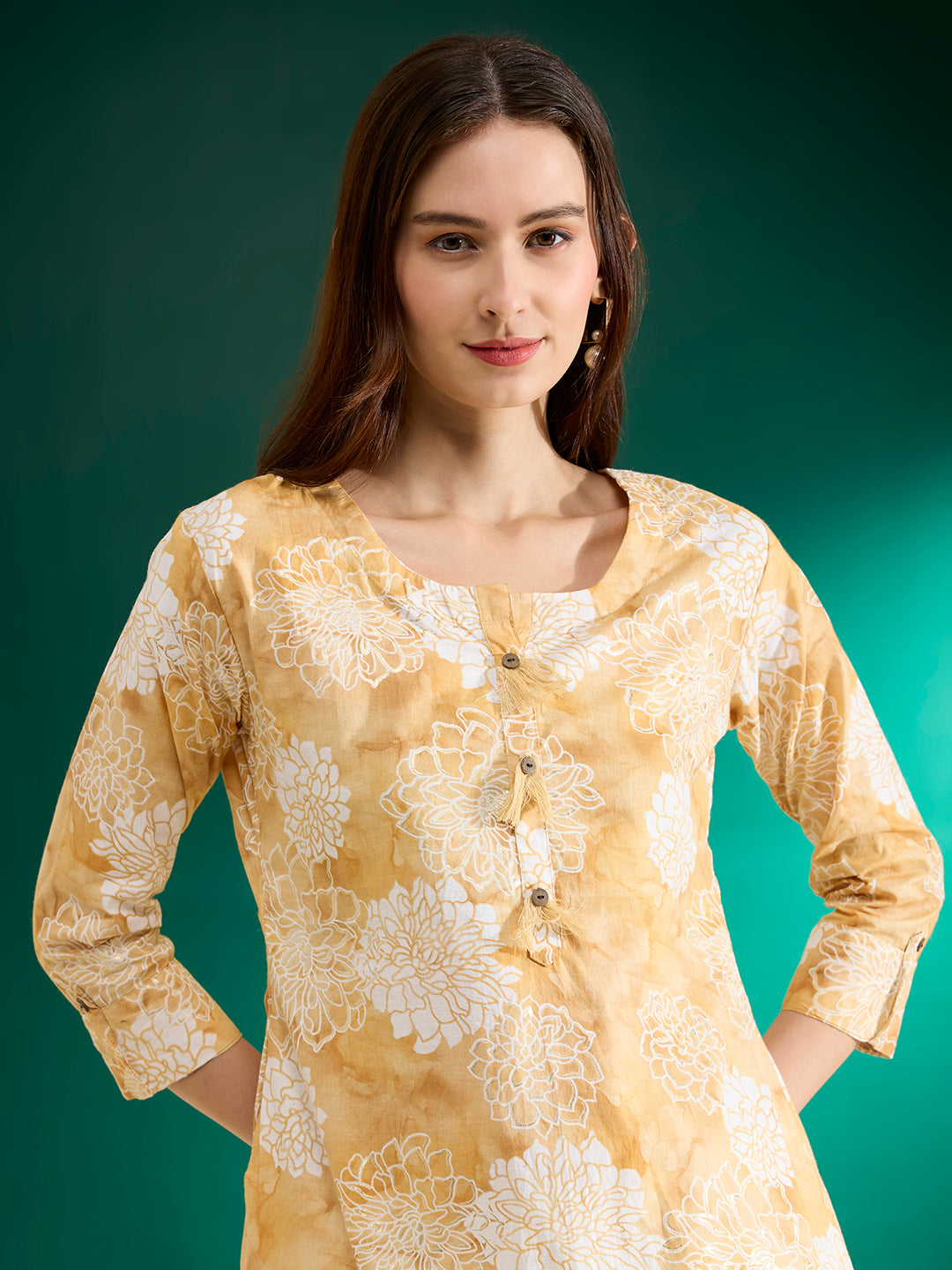 Abstract Floral Foil Printed A-Line Kurta with Palazzo - Mustard