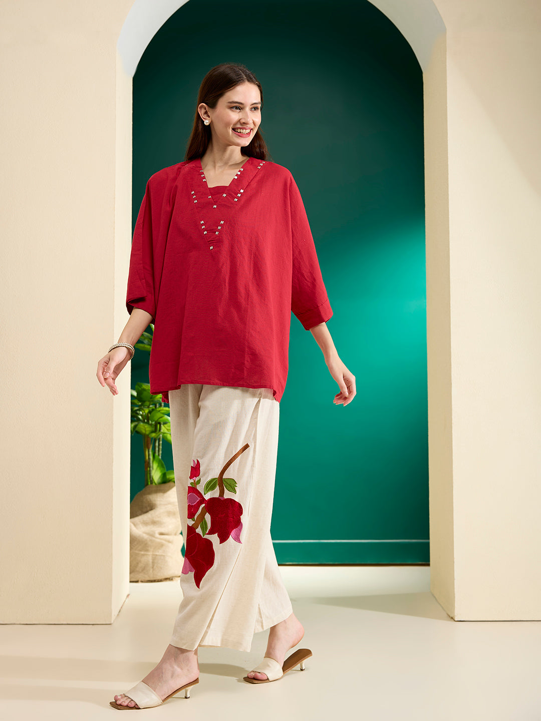 Solid Kaftan Kurta with Abstract Patchwork Palazzo - Red