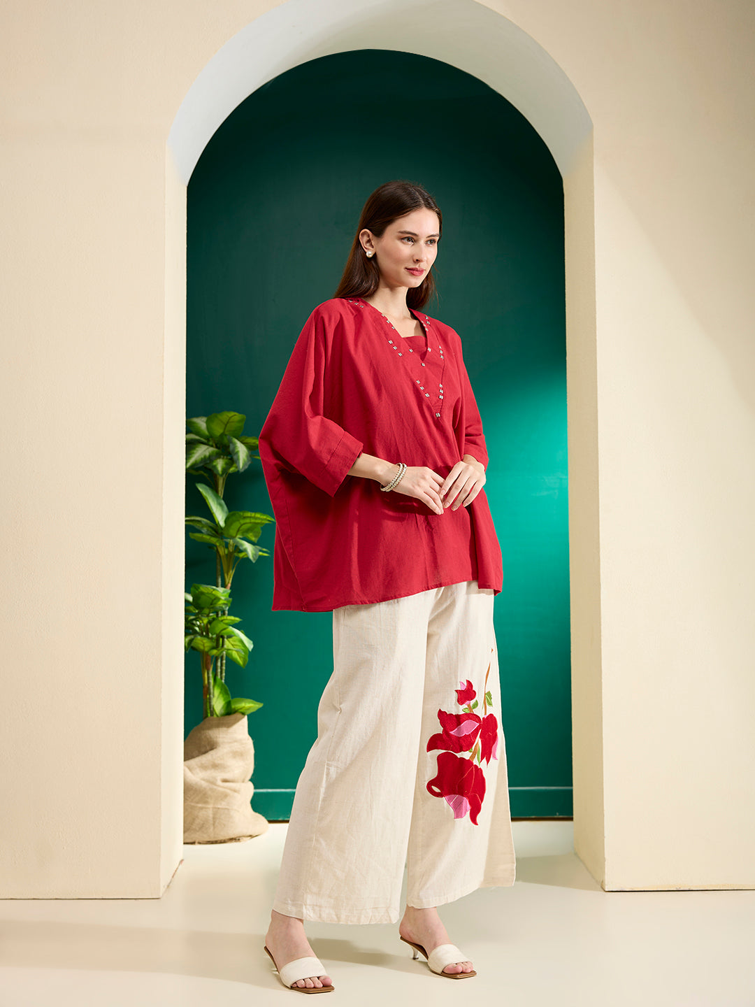 Solid Kaftan Kurta with Abstract Patchwork Palazzo - Red