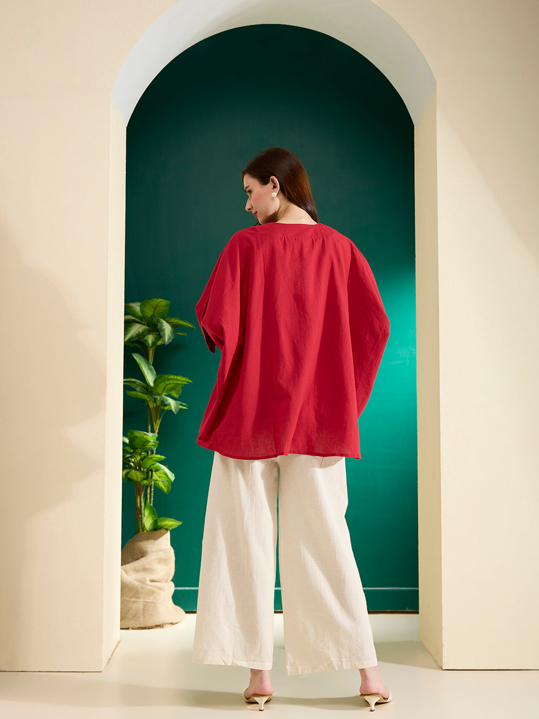 Solid Kaftan Kurta with Abstract Patchwork Palazzo - Red