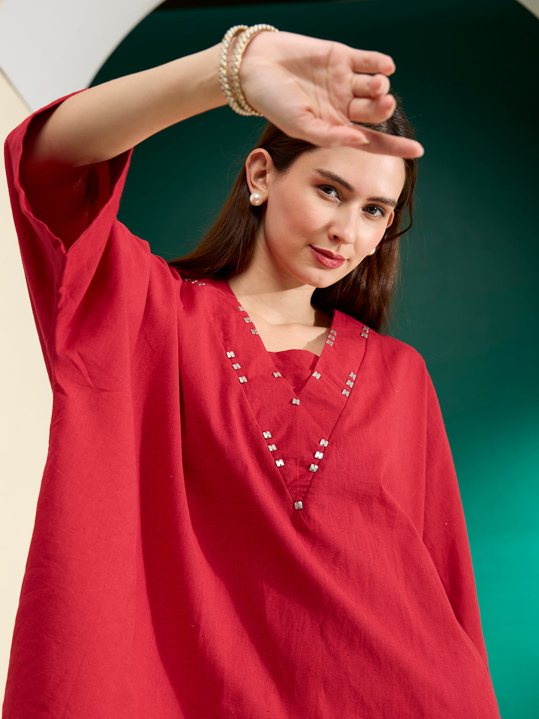 Solid Kaftan Kurta with Abstract Patchwork Palazzo - Red