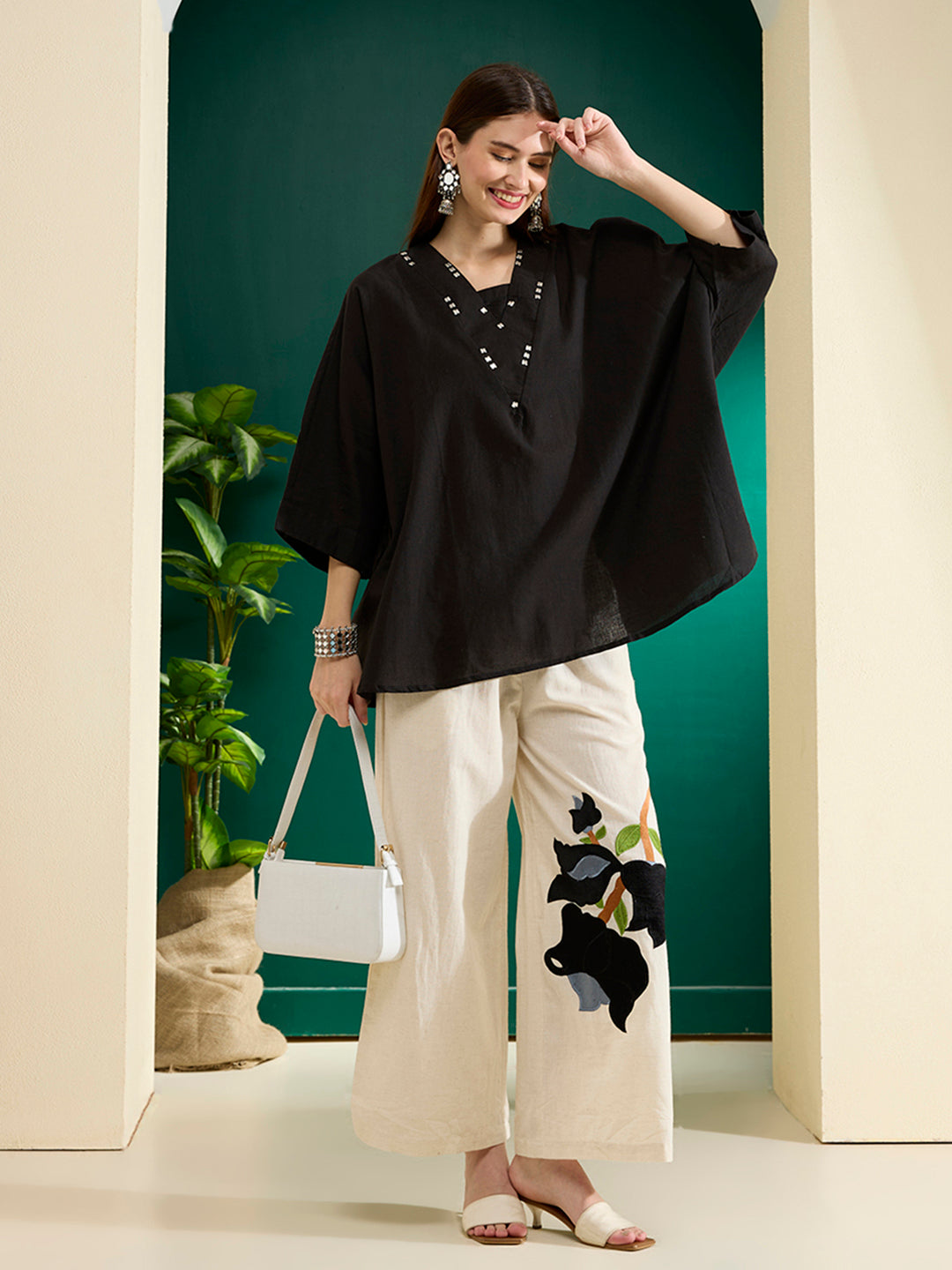 Solid Kaftan Kurta with Abstract Patchwork Palazzo - Black