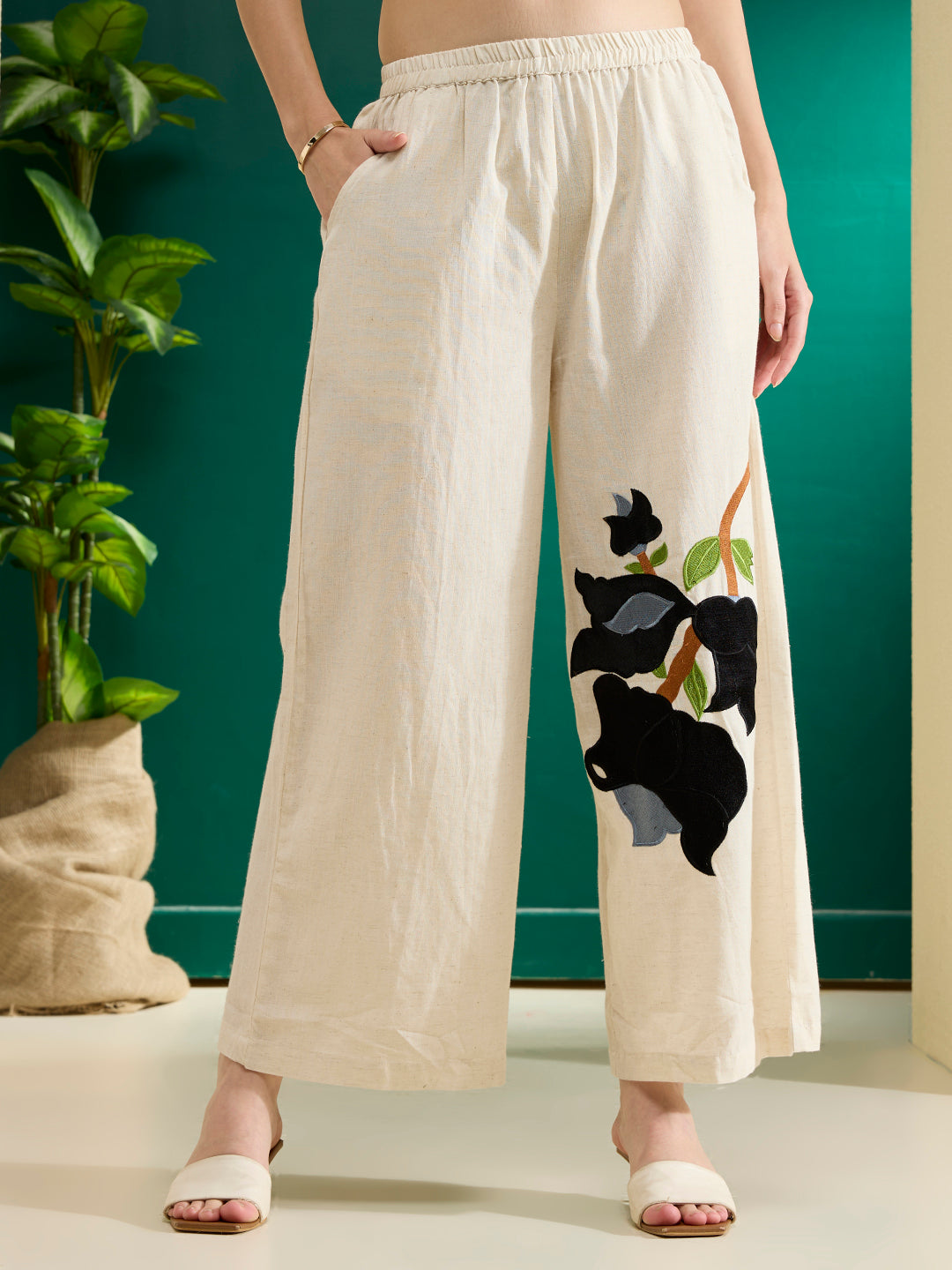 Solid Kaftan Kurta with Abstract Patchwork Palazzo - Black