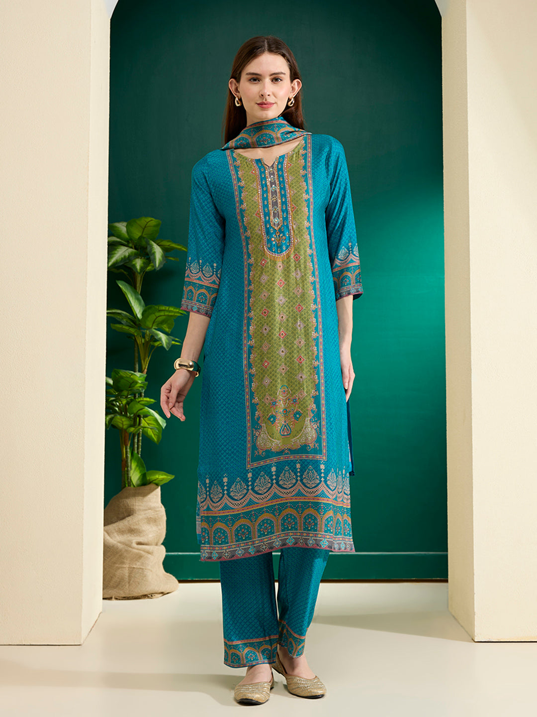 Ethnic Printed & Embroidered Straight Kurta with Pant & Dupatta - Turquoise