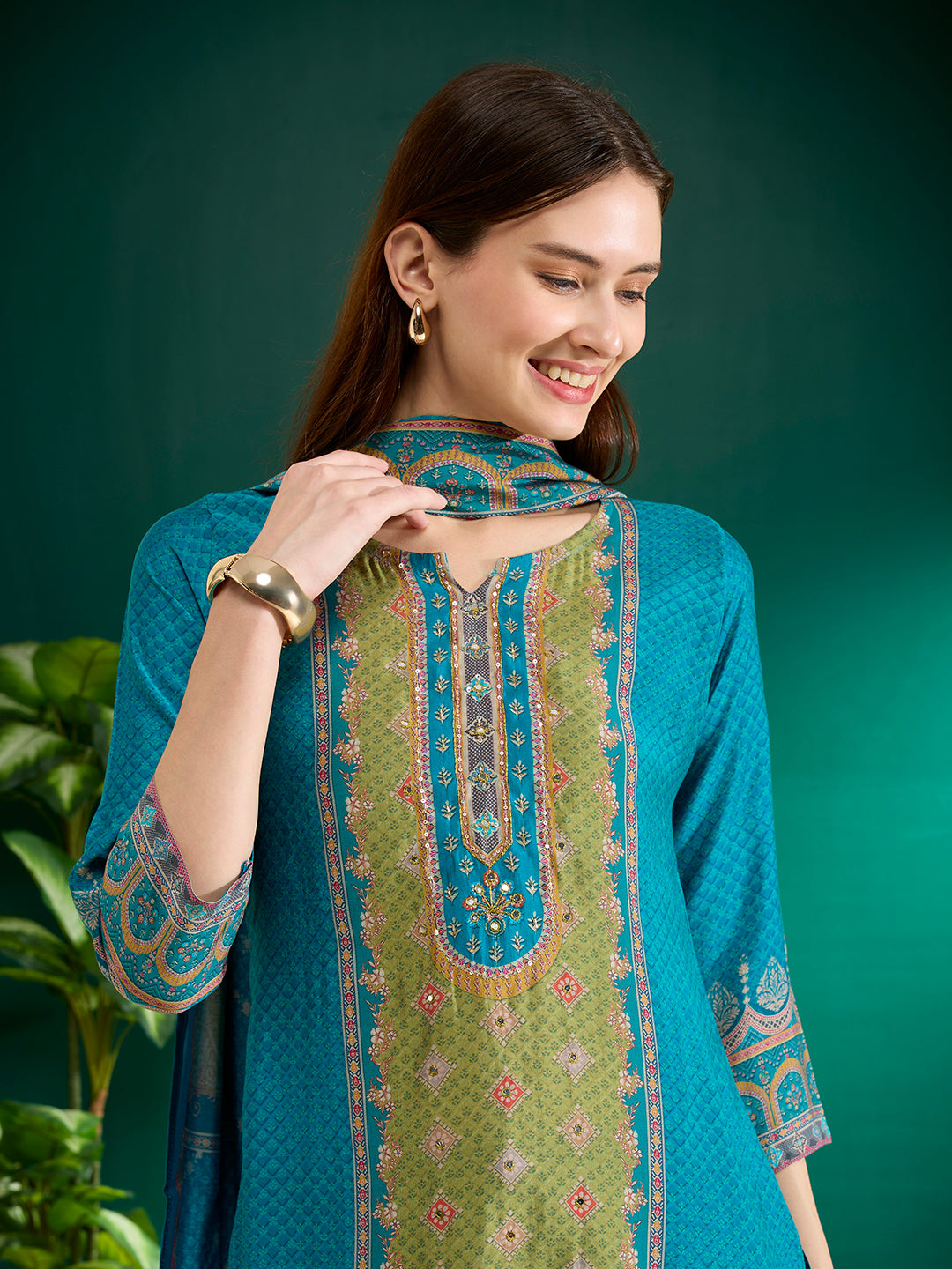 Ethnic Printed & Embroidered Straight Kurta with Pant & Dupatta - Turquoise