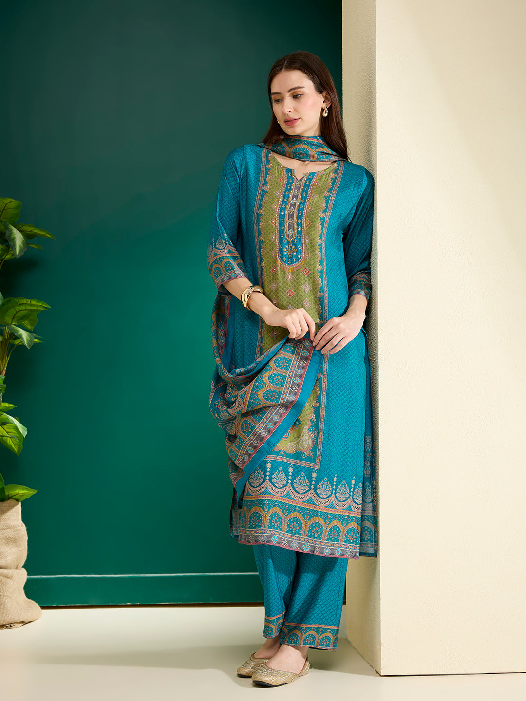 Ethnic Printed & Embroidered Straight Kurta with Pant & Dupatta - Turquoise