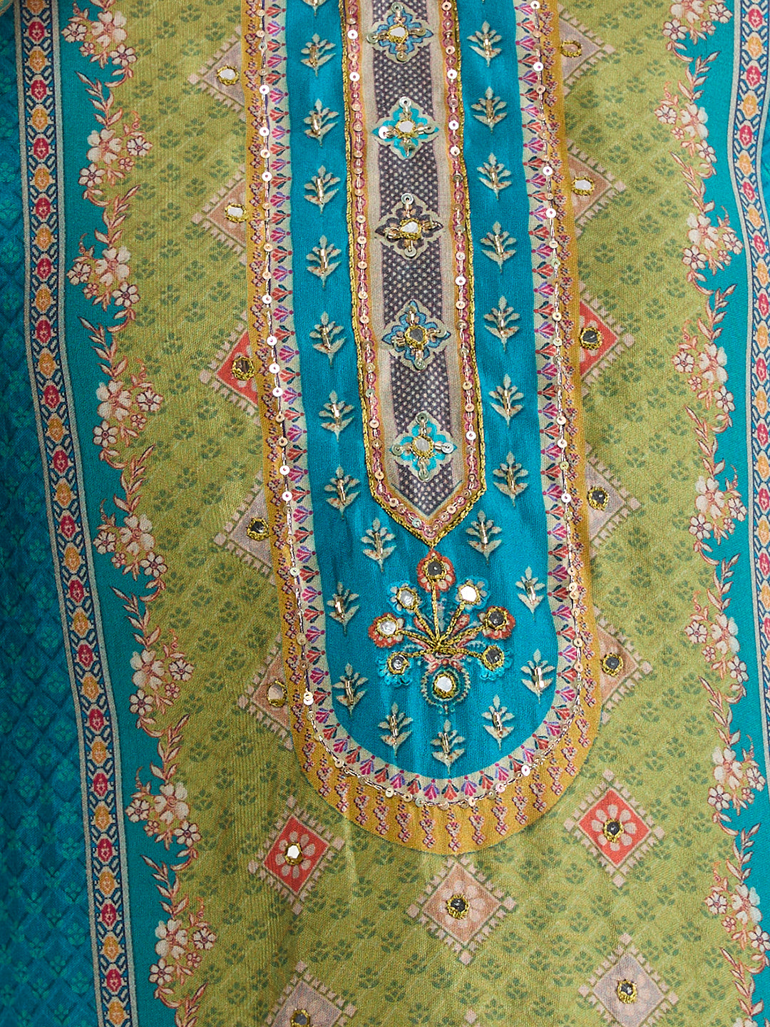 Ethnic Printed & Embroidered Straight Kurta with Pant & Dupatta - Turquoise