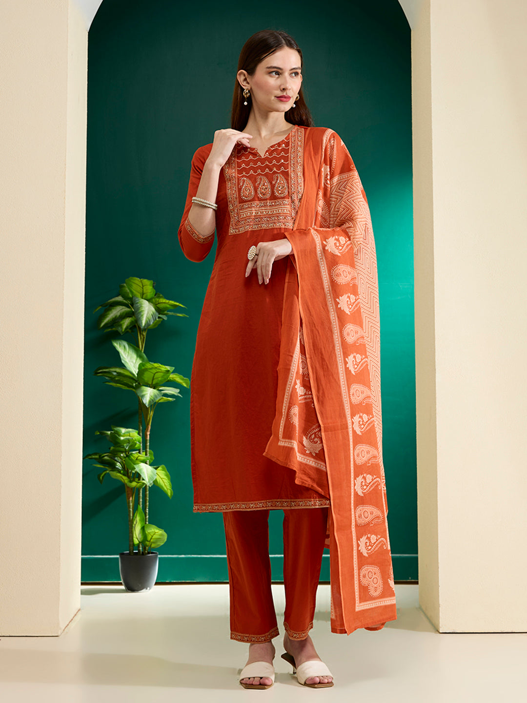 Solid Printed & Embroidered & Straight Fit Cotton Kurta with Pant & Dupatta - Rust