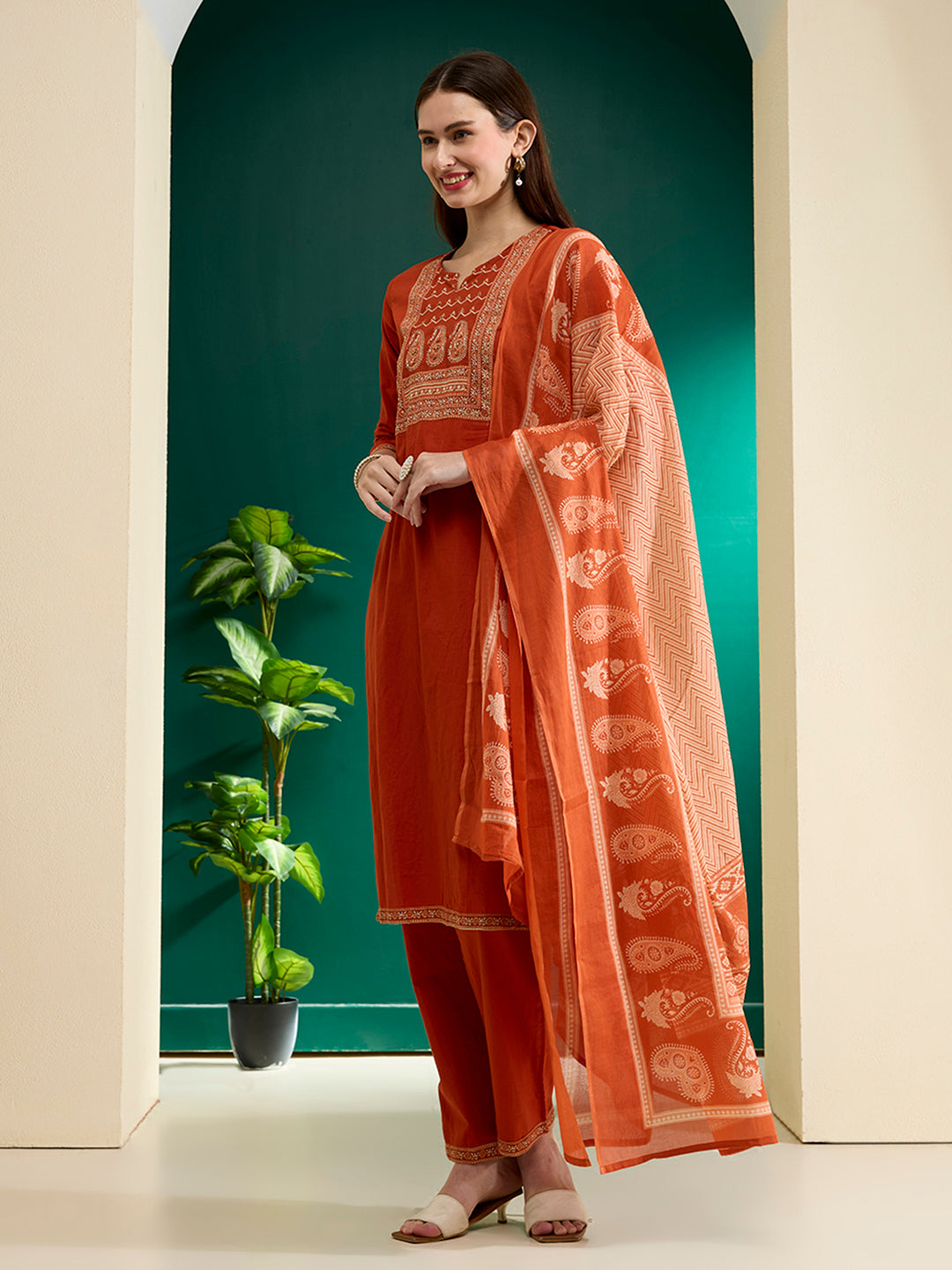 Solid Printed & Embroidered & Straight Fit Cotton Kurta with Pant & Dupatta - Rust