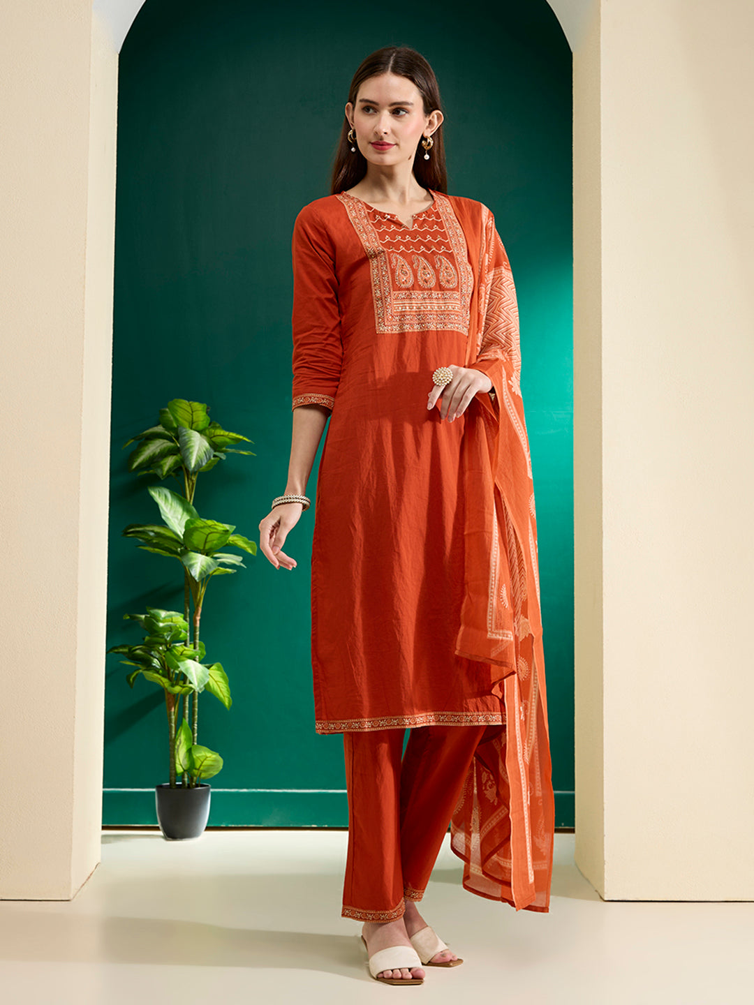 Solid Printed & Embroidered & Straight Fit Cotton Kurta with Pant & Dupatta - Rust