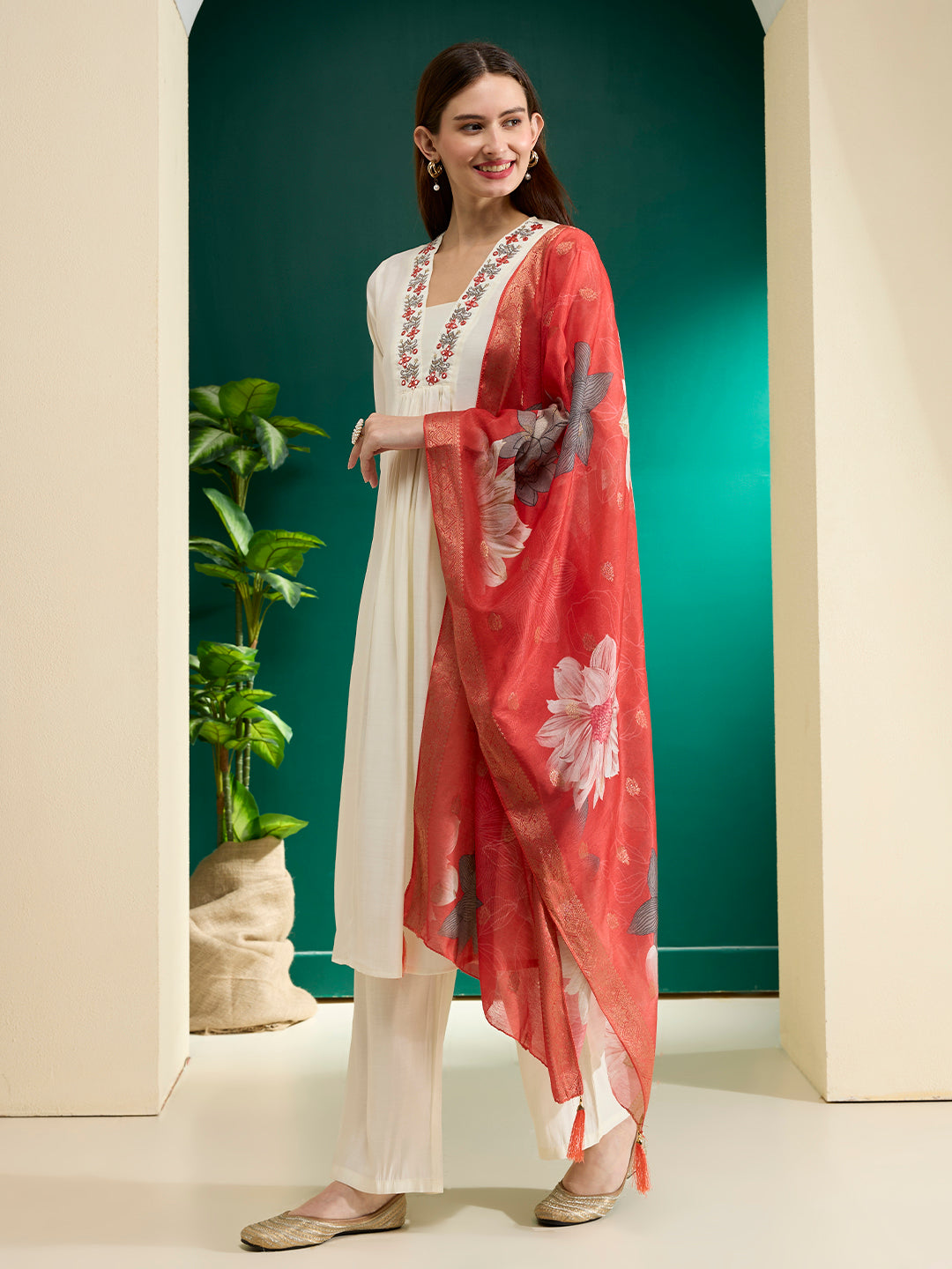 Solid Floral Embroidered A-Line Kurta with Palazzo & Dupatta - White