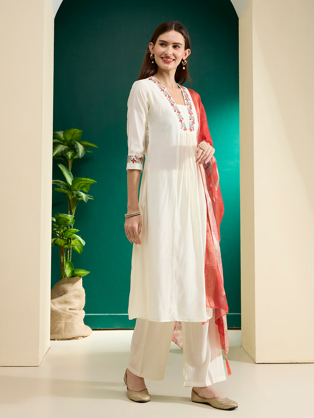 Solid Floral Embroidered A-Line Kurta with Palazzo & Dupatta - White