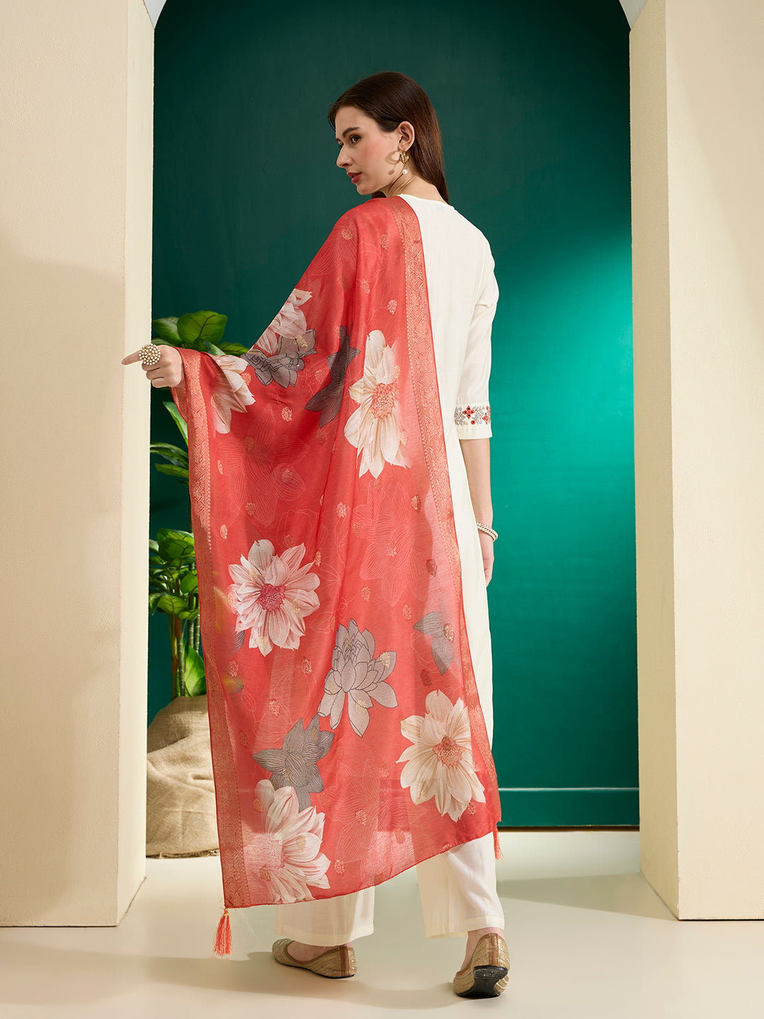 Solid Floral Embroidered A-Line Kurta with Palazzo & Dupatta - White