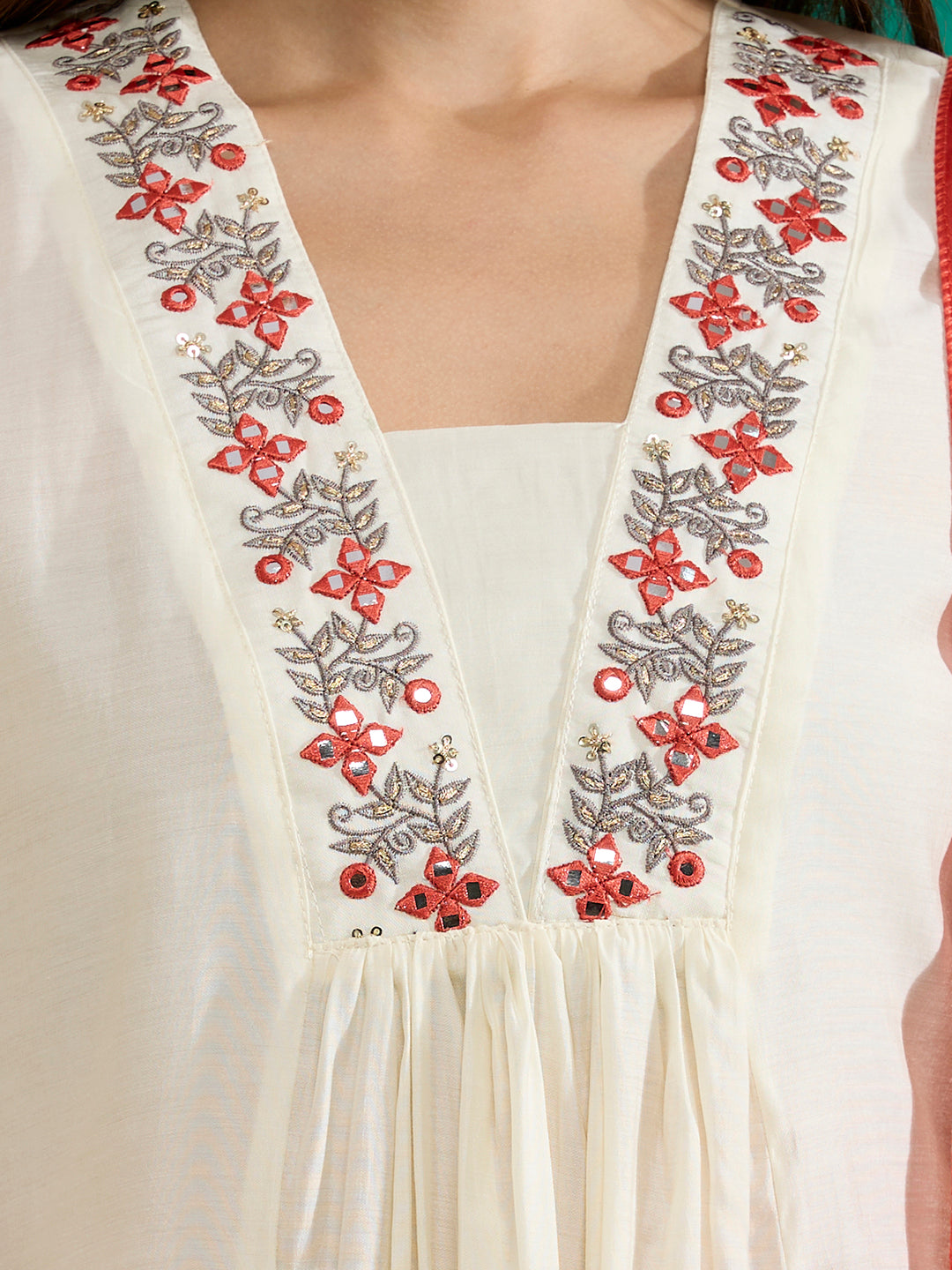 Solid Floral Embroidered A-Line Kurta with Palazzo & Dupatta - White
