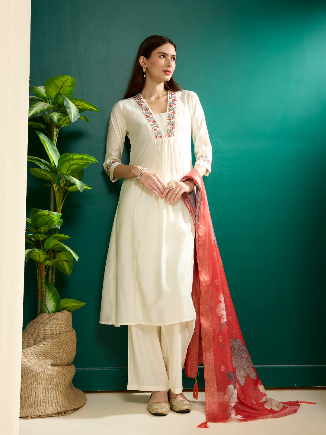Solid Floral Embroidered A-Line Kurta with Palazzo & Dupatta - White