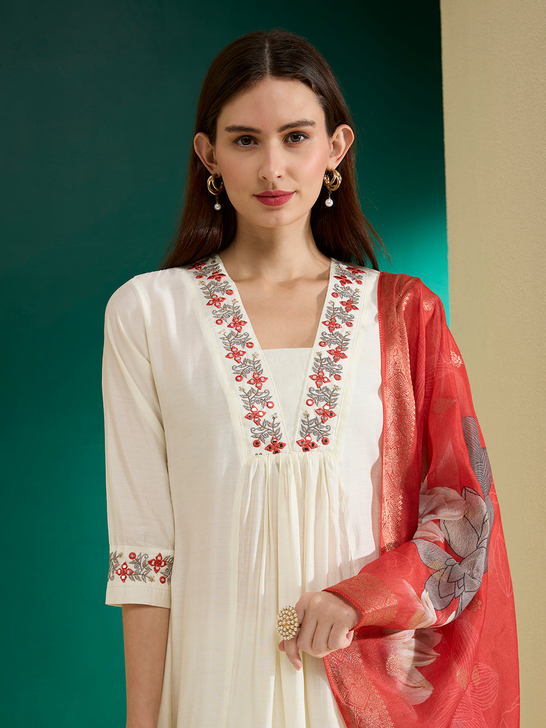 Solid Floral Embroidered A-Line Kurta with Palazzo & Dupatta - White