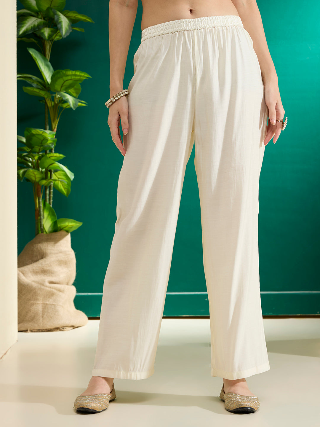 Solid Floral Embroidered A-Line Kurta with Palazzo & Dupatta - White