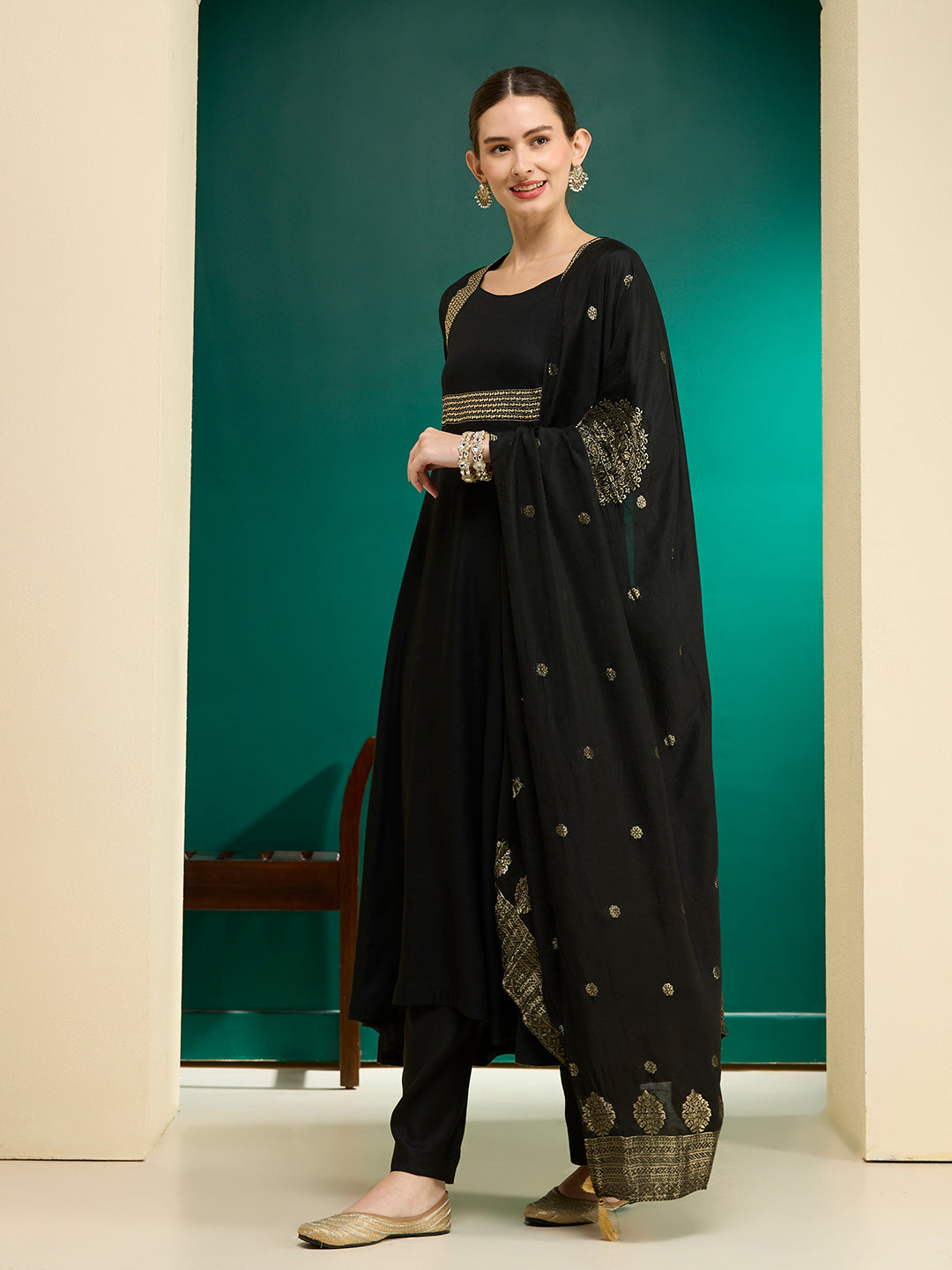 Solid Embroidered Anarkali Flared Kurta with Pant & Dupatta - Black