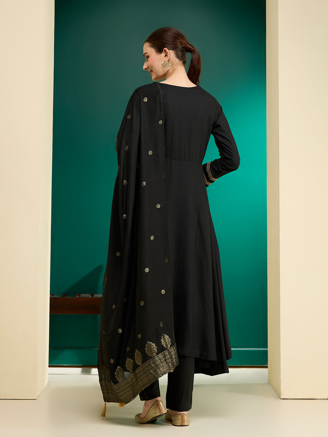 Solid Embroidered Anarkali Flared Kurta with Pant & Dupatta - Black