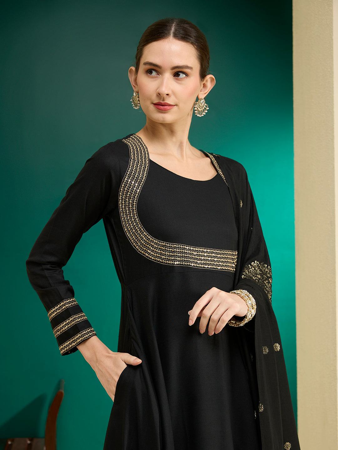 Solid Embroidered Anarkali Flared Kurta with Pant & Dupatta - Black