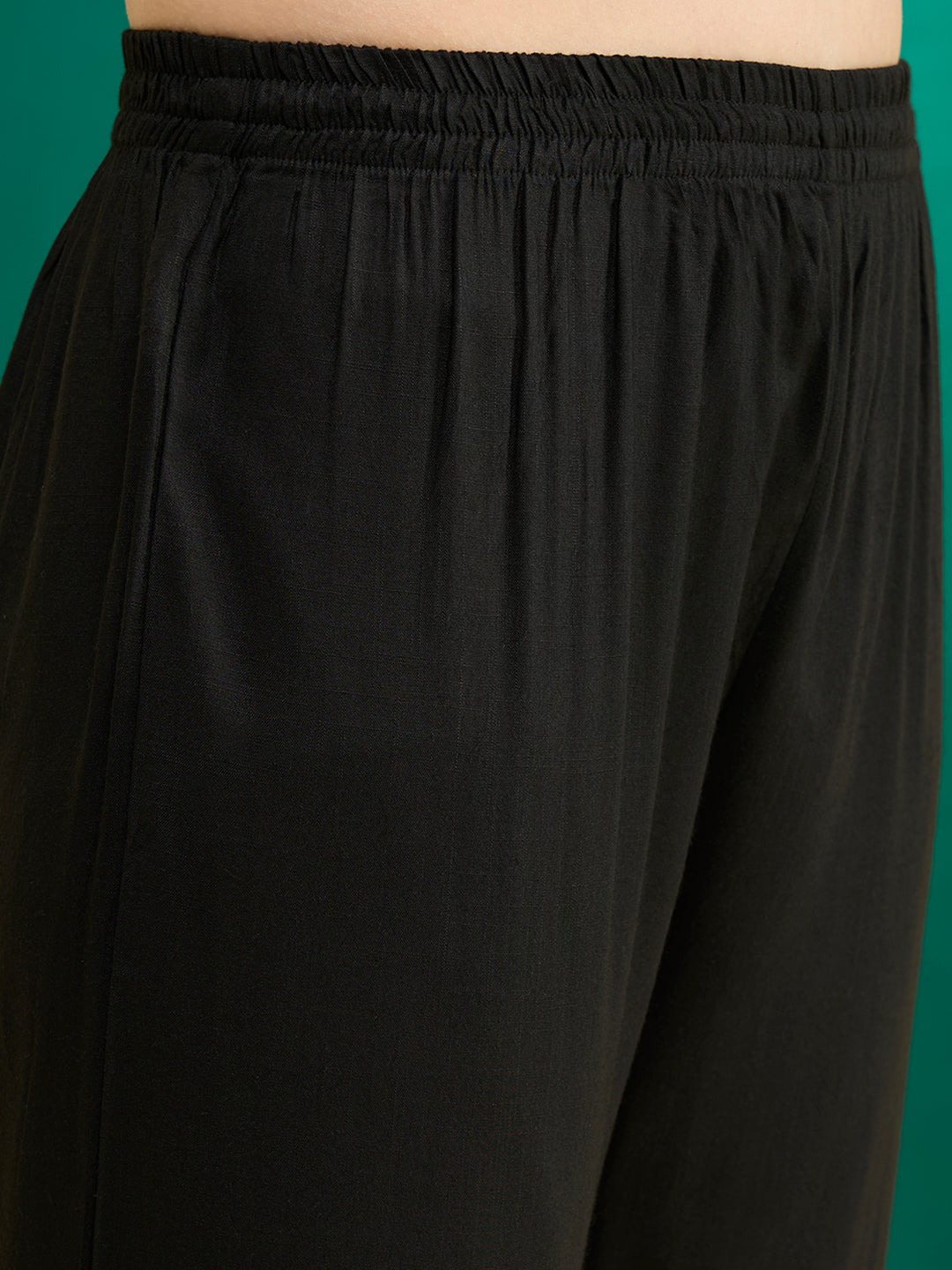 Solid Embroidered Anarkali Flared Kurta with Pant & Dupatta - Black