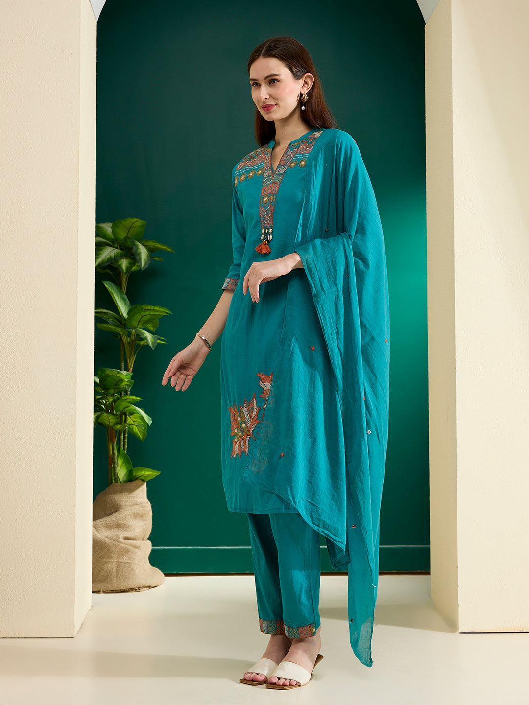 Solid Floral Embroidered Straight Kurta with Pant & Dupatta - Turquoise Blue
