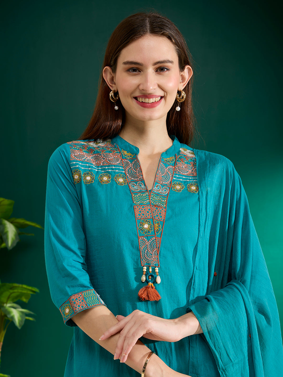 Solid Floral Embroidered Straight Kurta with Pant & Dupatta - Turquoise Blue