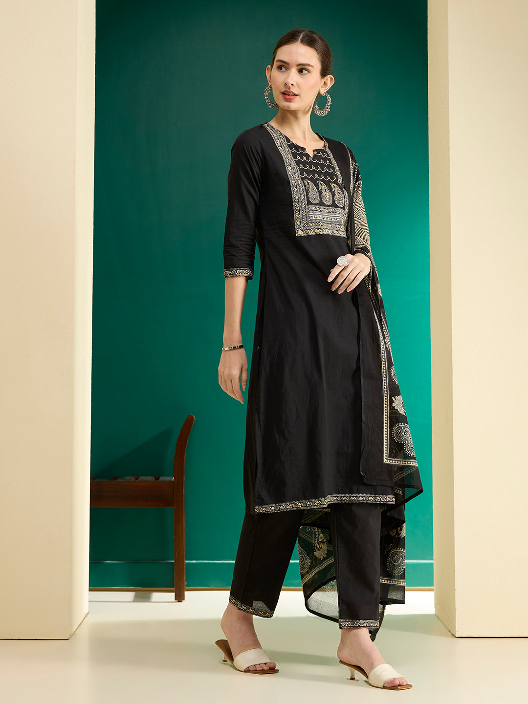 Solid Printed & Embroidered &Straight Fit Cotton Kurta with Pant & Dupatta - Black