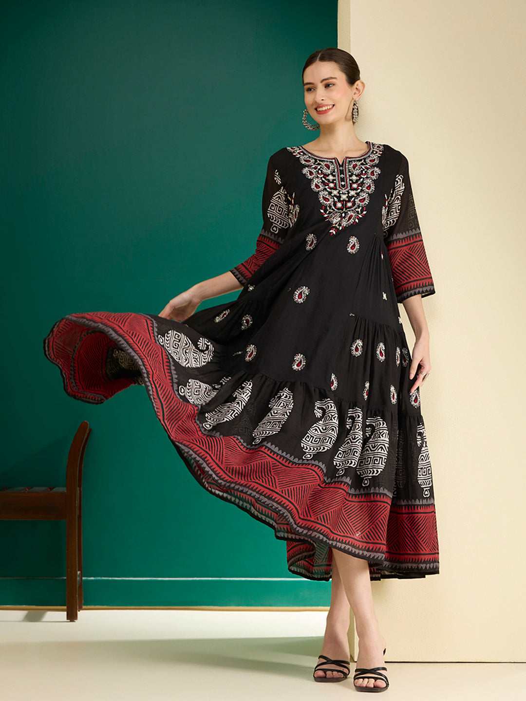 Ethnic Printed & Embroidered A-Line Plated Maxi Dress - Black  FASHOR